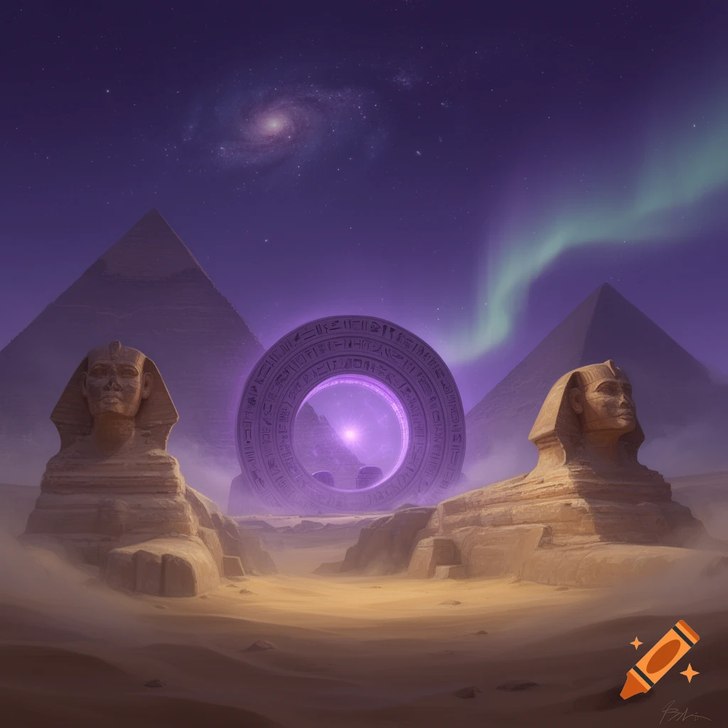 Two sphinxes and pyramids flank a glowing purple stargate under a starry night sky with an aurora and galaxy, digital art.