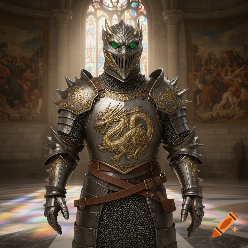 An imposing knight in ornate silver and gold armor with a dragon emblem ...
