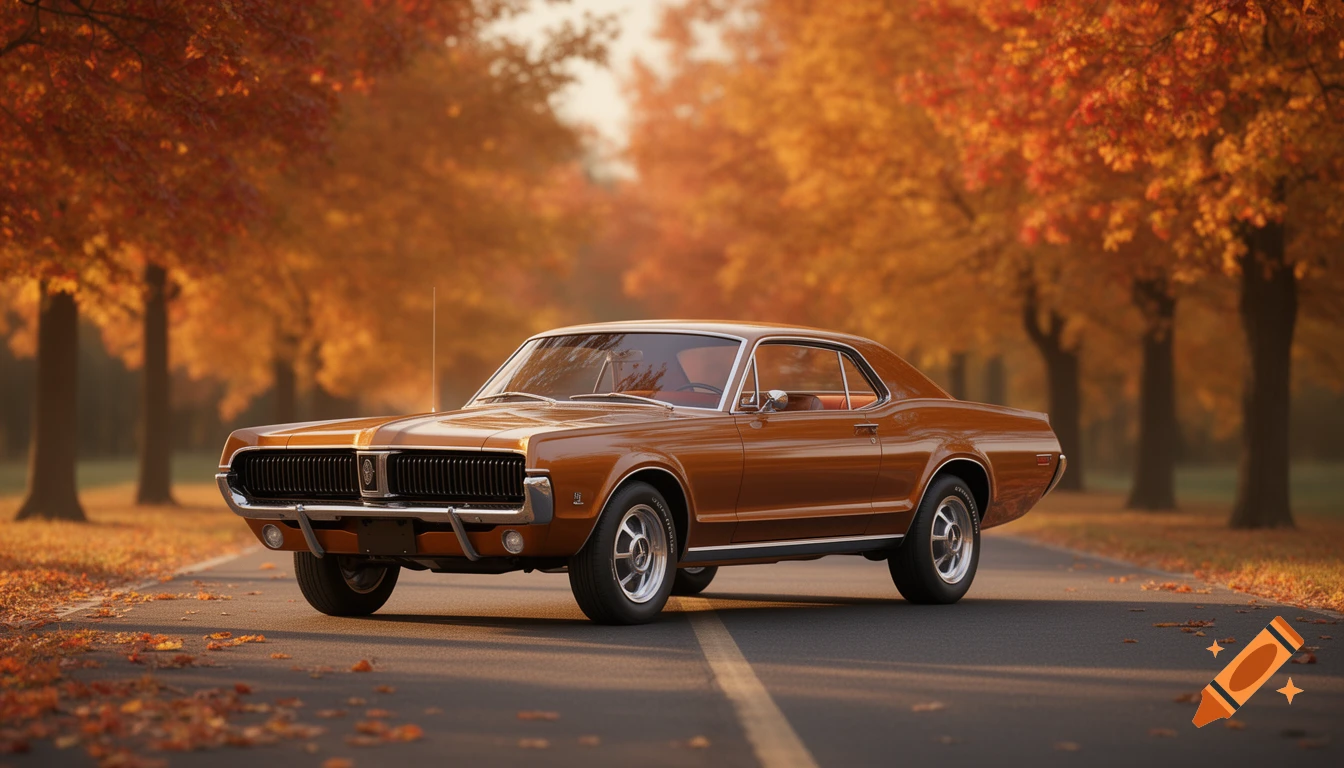 A gleaming brown vintage Mercury Cougar coupe drives on an asphalt road lined with trees showcasing vibrant orange and red autumn leaves.