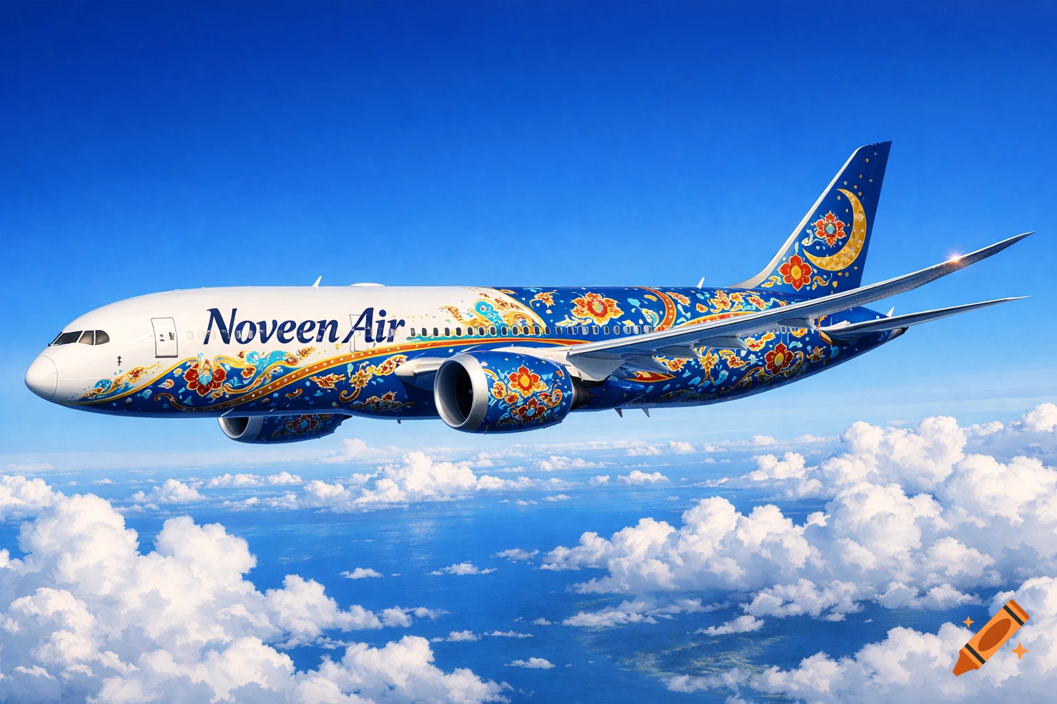 A photorealistic 787-9 Dreamliner airplane with a blue and gold Persian culture livery flies above white clouds.