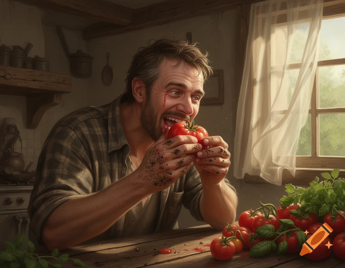 A bearded man in a plaid shirt messily eats a red tomato in a rustic kitchen. Tomato juice drips from his mouth. Fresh tomatoes and herbs are on a wooden table.