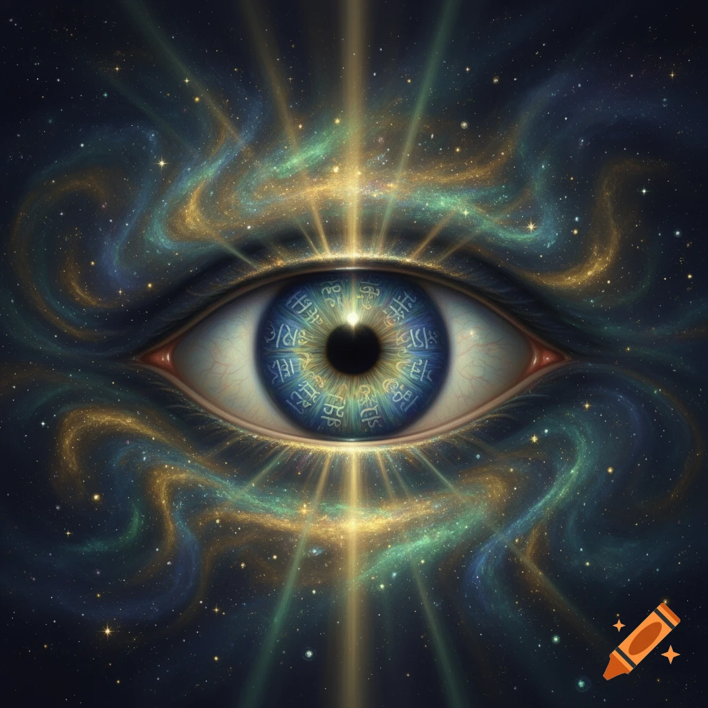 A cosmic eye with light rays emanating, surrounded by nebulae and stars, featuring symbolic patterns in the iris.