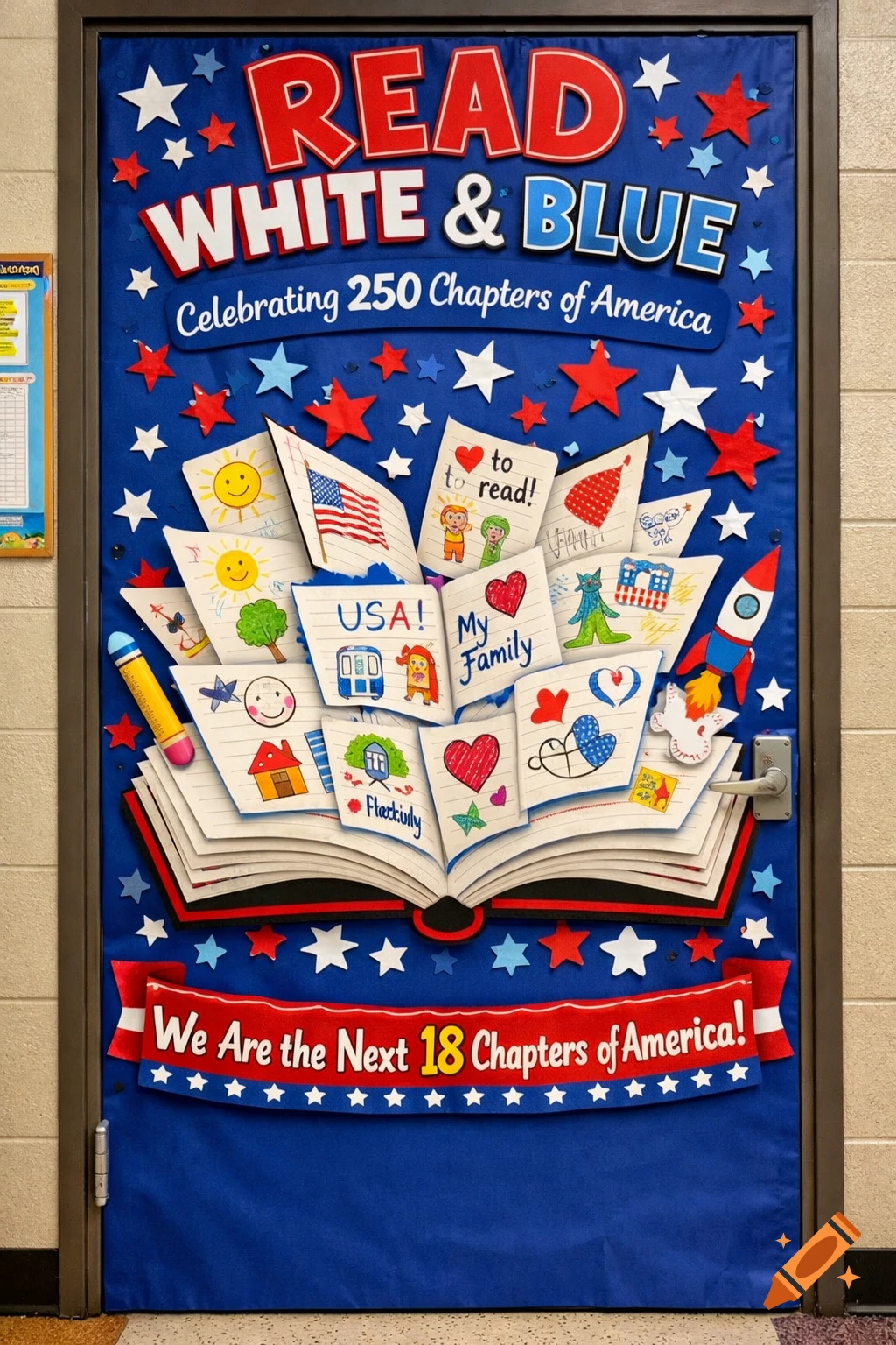 A colorful elementary school door decorated with a blue background, red and white stars, and a large open book displaying childlike drawings and text. Large text reads "READ WHITE & BLUE" and a banner at the bottom says "We Are the Next 18 Chapters of America."
