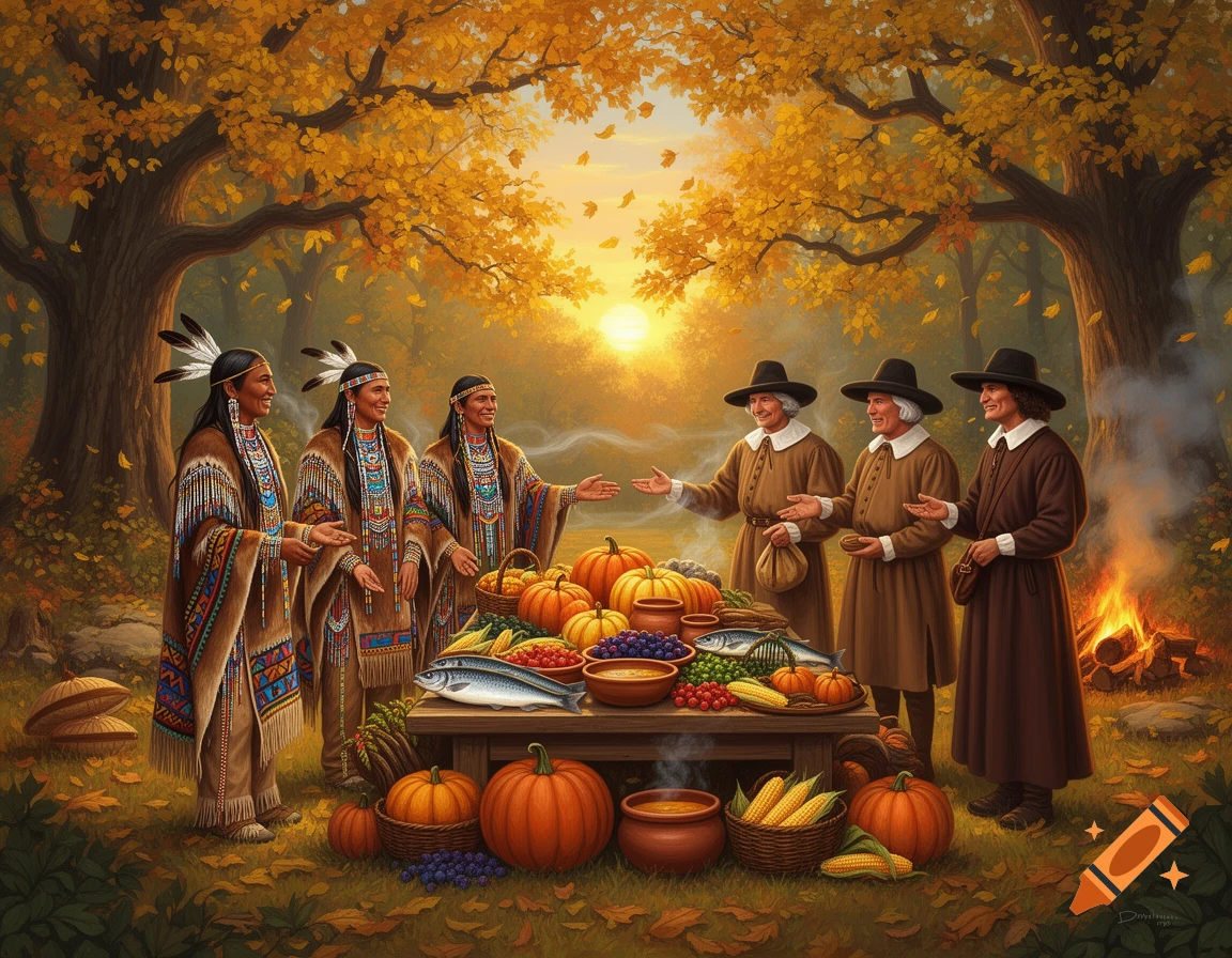 Native Americans and Pilgrims gather around a table laden with pumpkins, corn, and fish in an autumn forest at sunset.