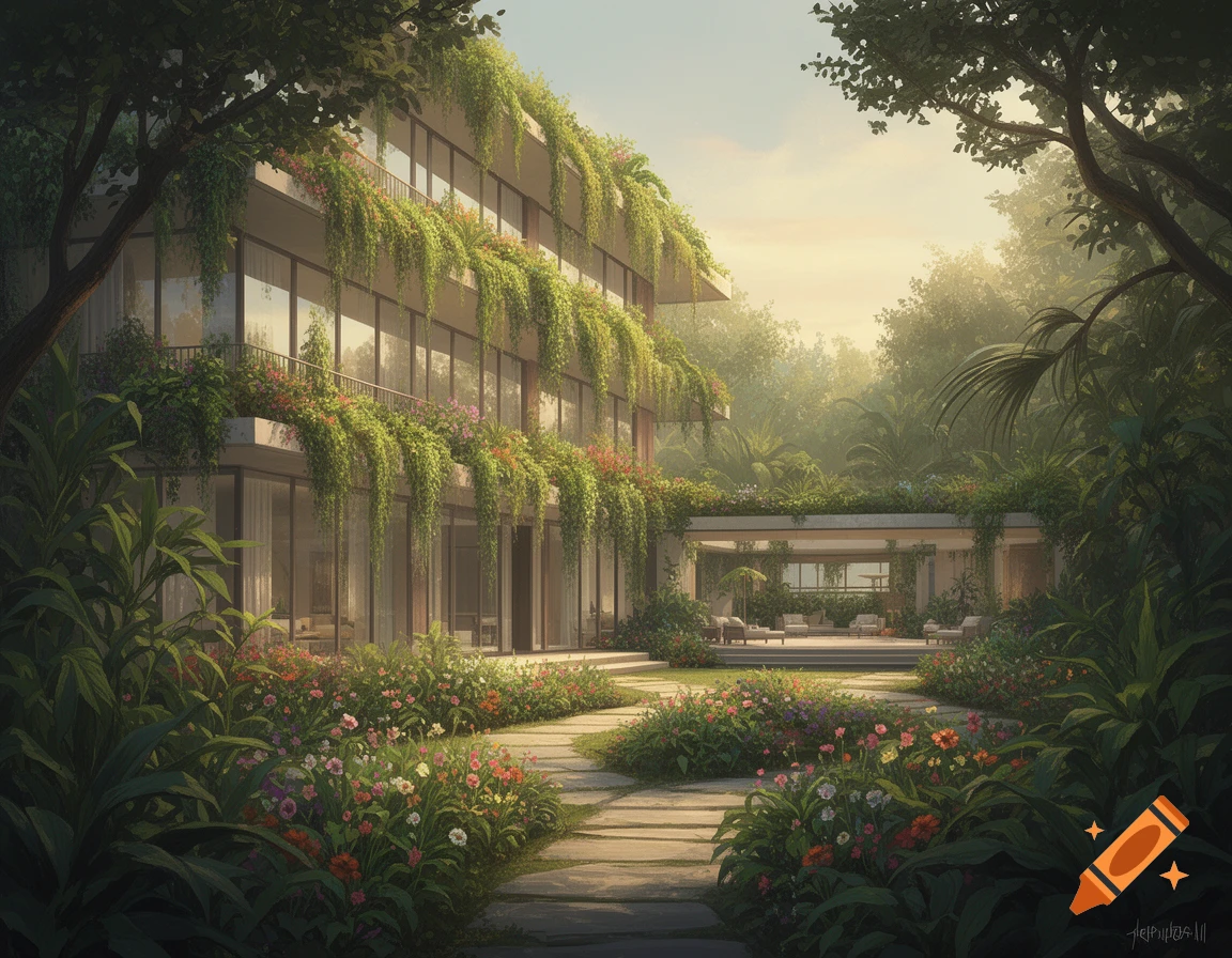 A modern, multi-story building covered in lush green plants and flowering vines, surrounded by vibrant gardens, stone pathways, and dense foliage under a bright sky.
