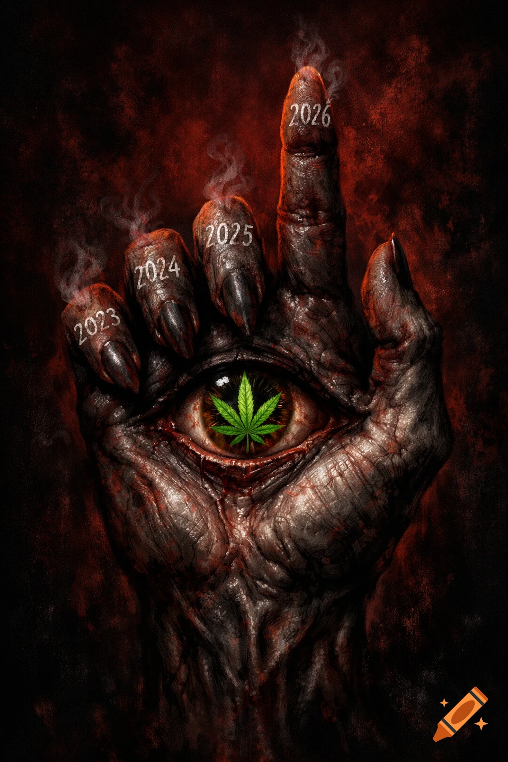 Grotesque demonic hand with sharp nails and an eye in its palm, featuring a cannabis leaf pupil. Numbers 2023-2026 on smoke-emitting fingers.