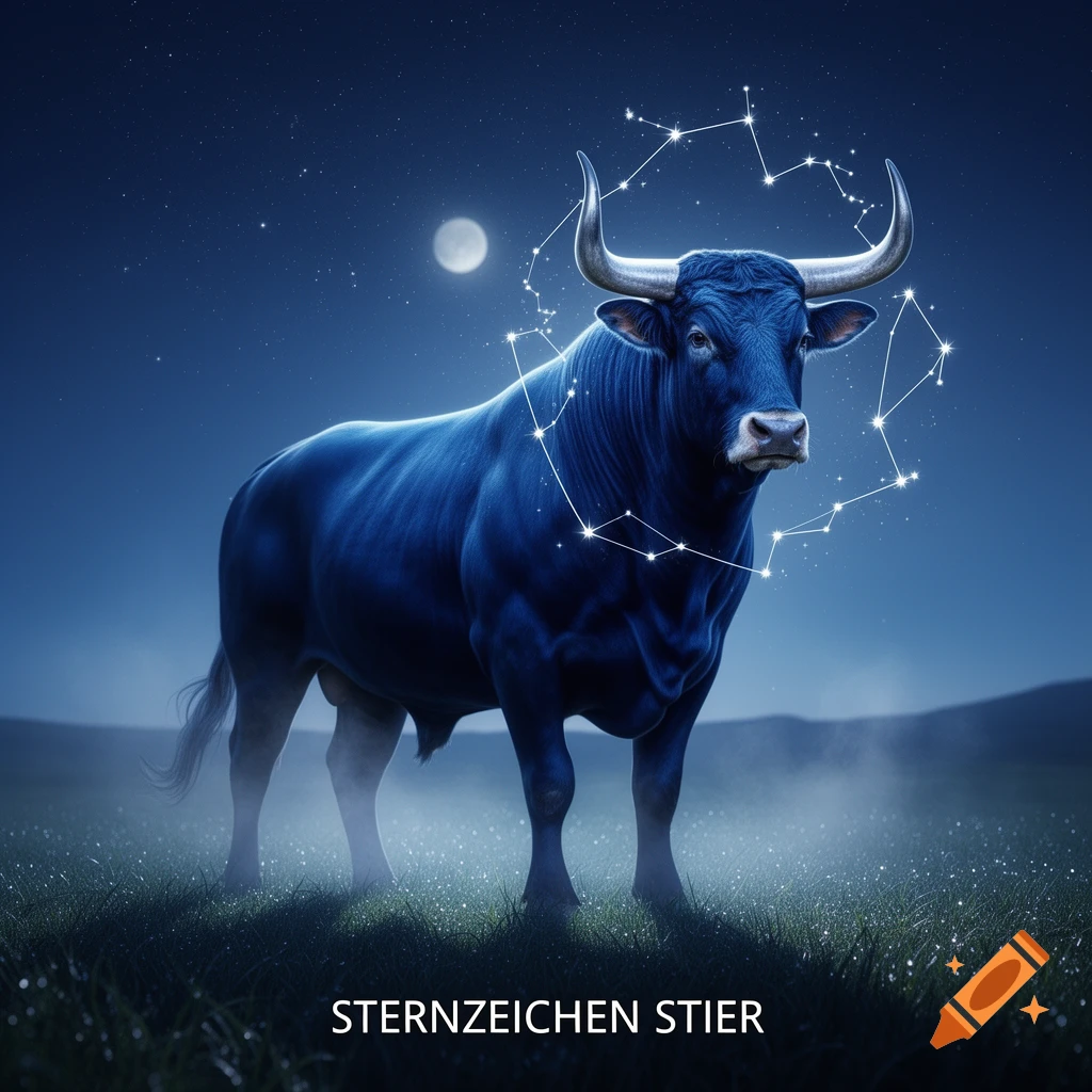 A majestic blue bull standing in a field at night under a full moon, with the Taurus constellation surrounding its head and "STERNZEICHEN STIER" text.