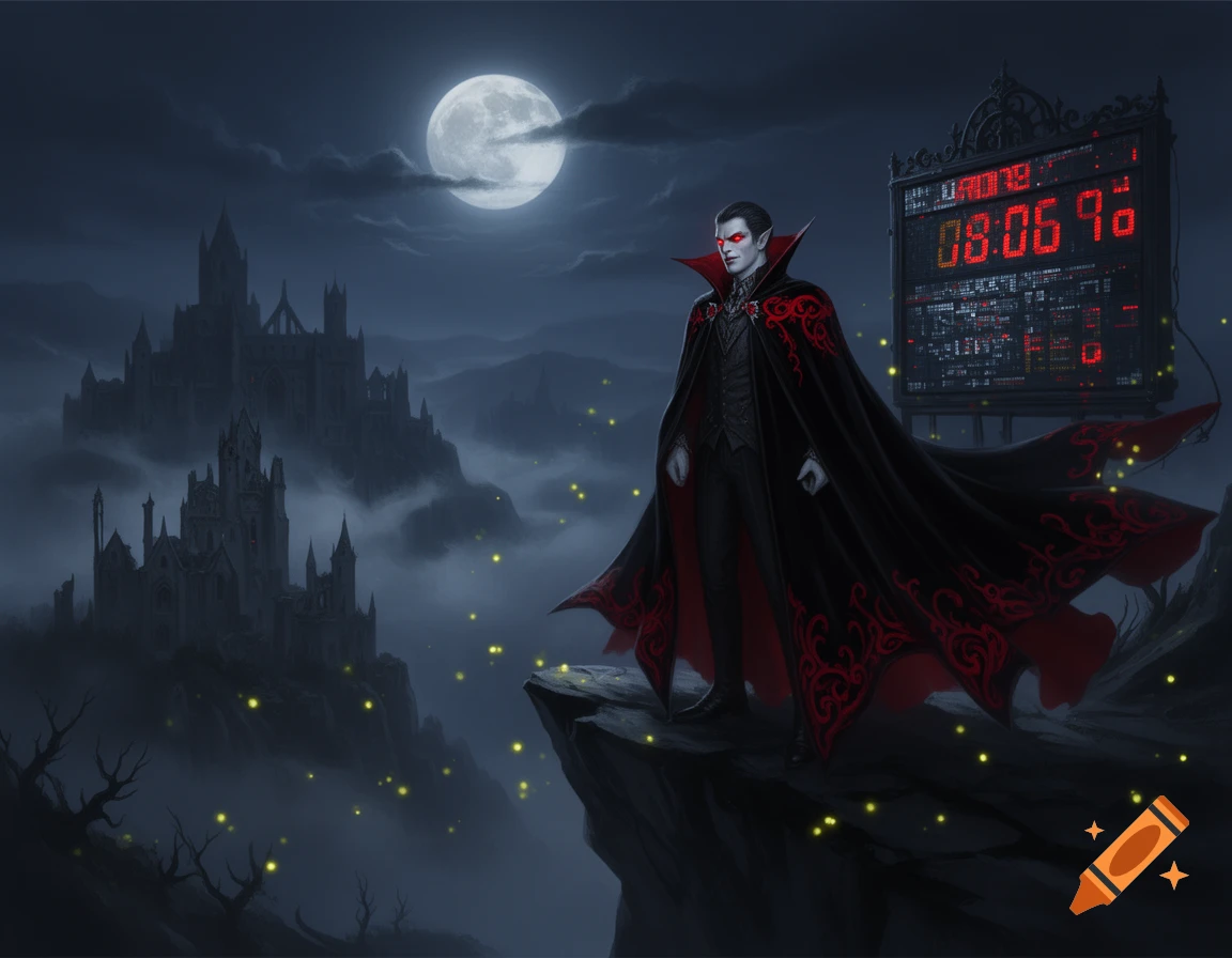 A vampire in a black and red cape stands on a cliff overlooking a gothic castle under a full moon, with a scoreboard displaying numbers nearby.