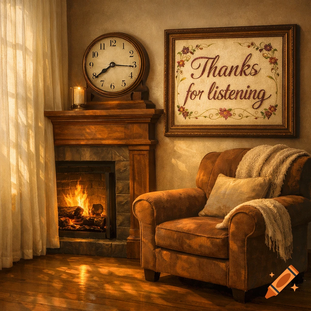 A cozy room corner with a fireplace, an armchair, a clock, and a framed picture reading 'Thanks for listening'.