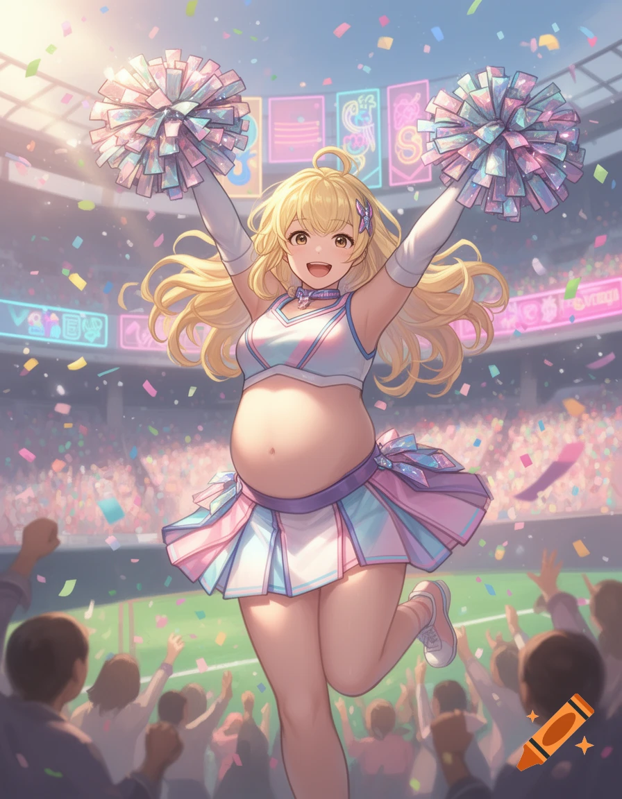 An anime cheerleader with blonde hair and a big belly raises pom-poms in a lively stadium with confetti falling.