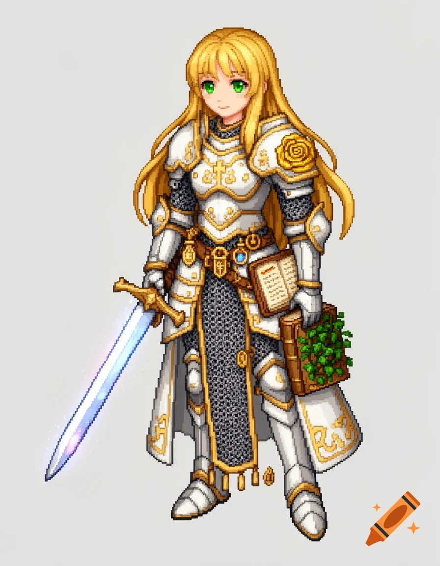 A blonde female paladin in white and gold pixel art armor, holding a glowing longsword and books, standing in a heroic pose.