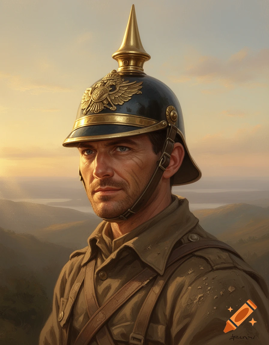 Photorealistic portrait of a man wearing a historical German Pickelhaube helmet and military uniform, standing against a sunset landscape.