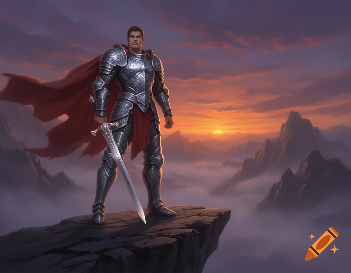 A confident warrior in ornate silver armor and red cape stands on a ...