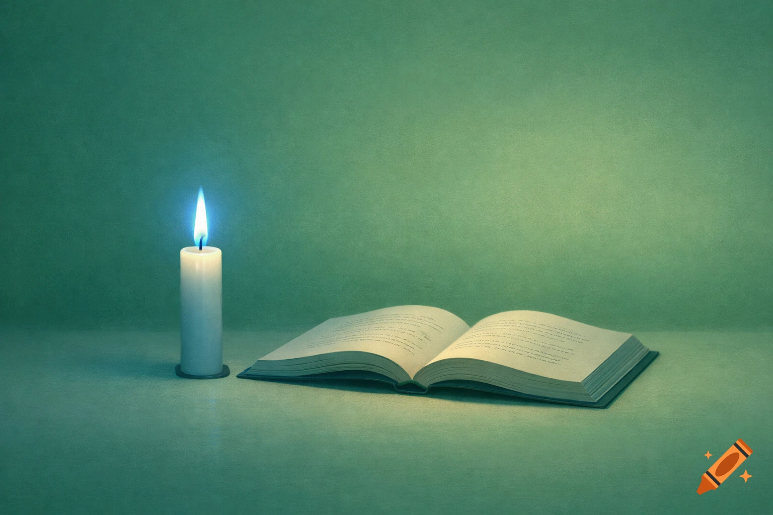 A white lit candle with a blue flame stands next to an open book with illegible text on a green background, in a minimalistic style.