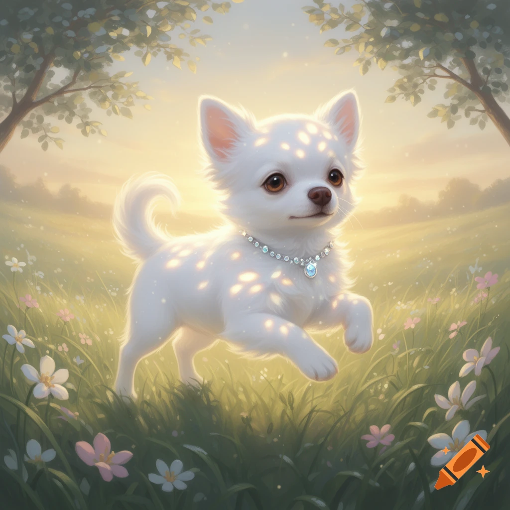 A fluffy white chihuahua puppy with a jeweled collar runs through a sunlit field with wildflowers and trees, in a soft, ethereal style.