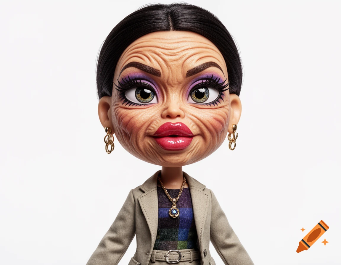 Close-up of a doll with an extremely wrinkled face, exaggerated makeup, and glossy red lips, wearing a beige blazer and a striped top.
