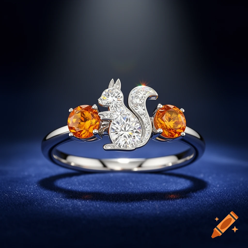 Silver ring featuring a squirrel-shaped diamond flanked by two amber topaz stones on a dark blue background.
