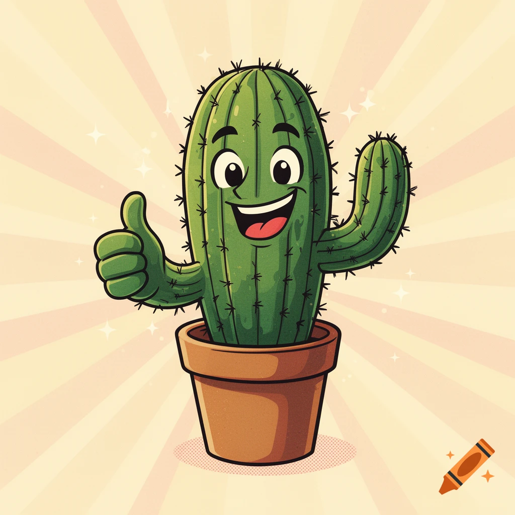 A cheerful vintage retro cartoon potted cactus gives a thumbs up against a striped background.