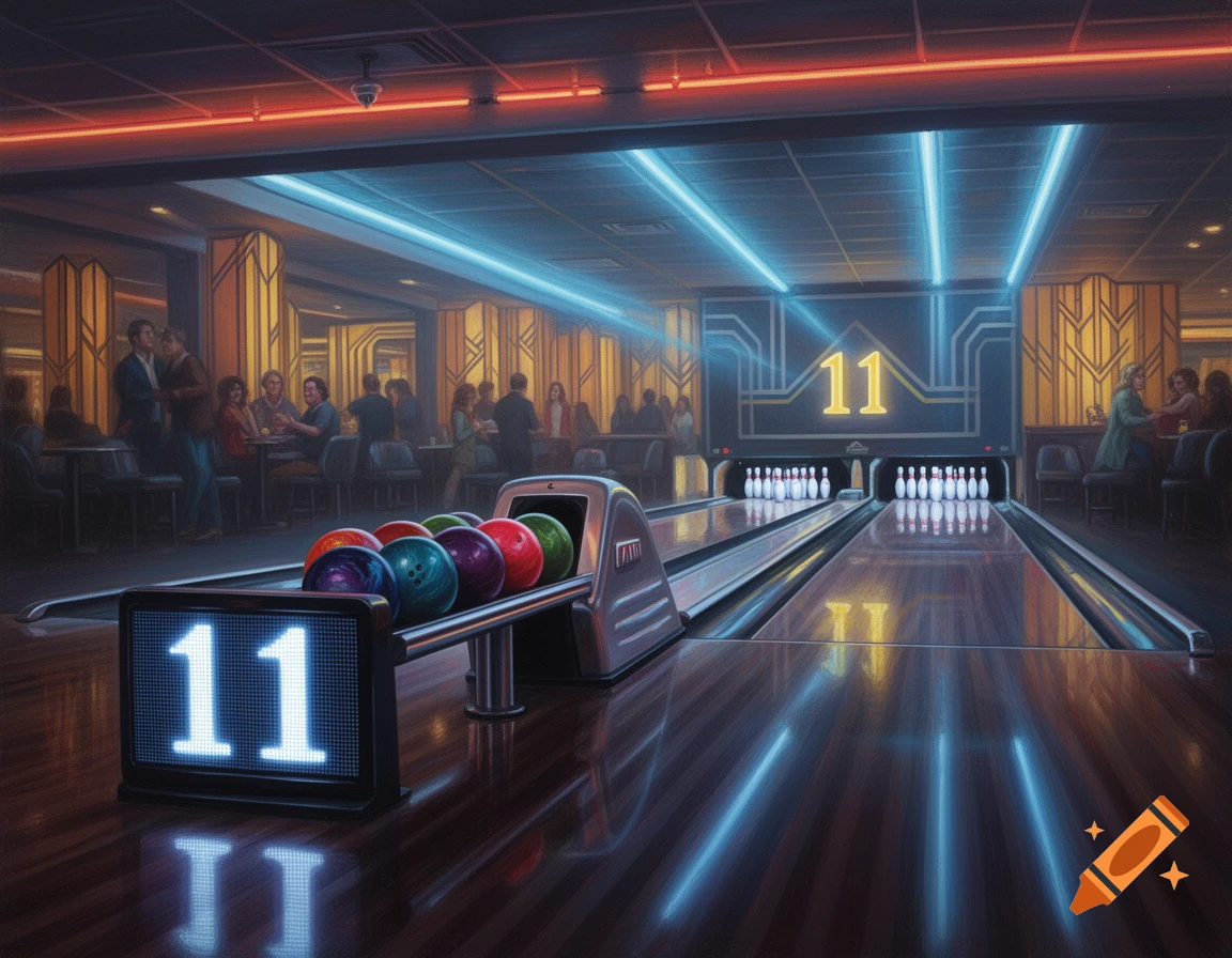 An art deco-inspired bowling alley with glowing neon lights, people socializing, bowling pins, and the number '11' displayed on screens.