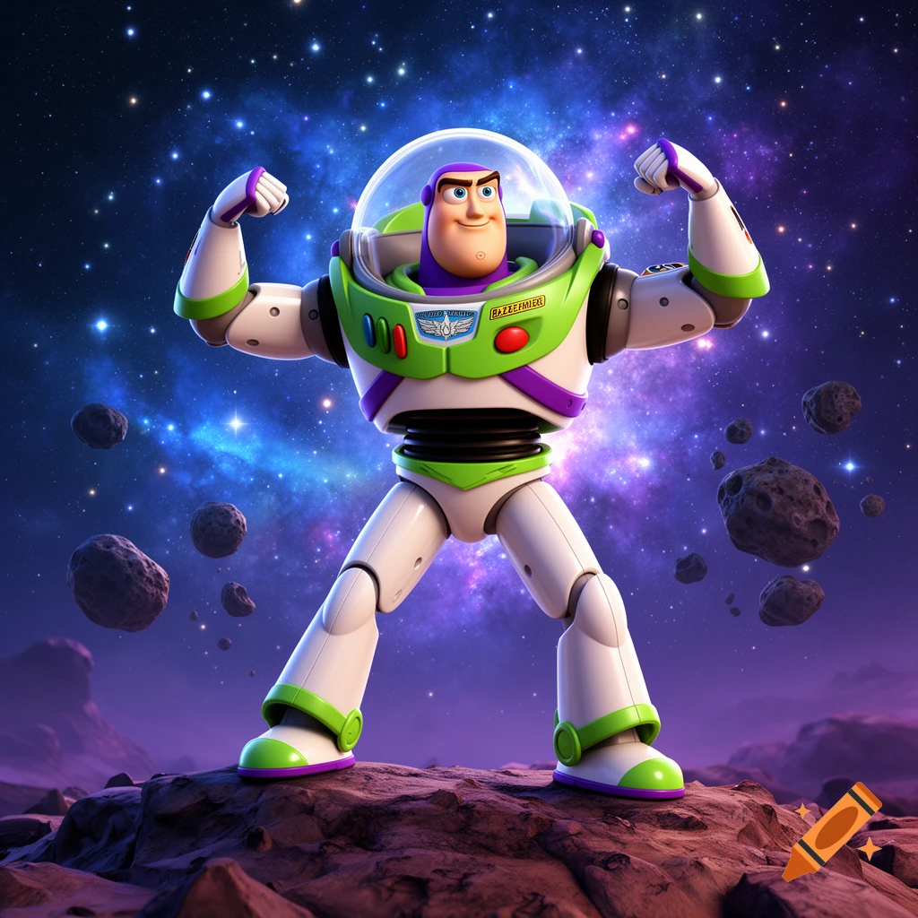 Buzz Lightyear, wearing his iconic white, green, and purple space suit, flexes his biceps on a rocky alien planet with a starry nebula background.