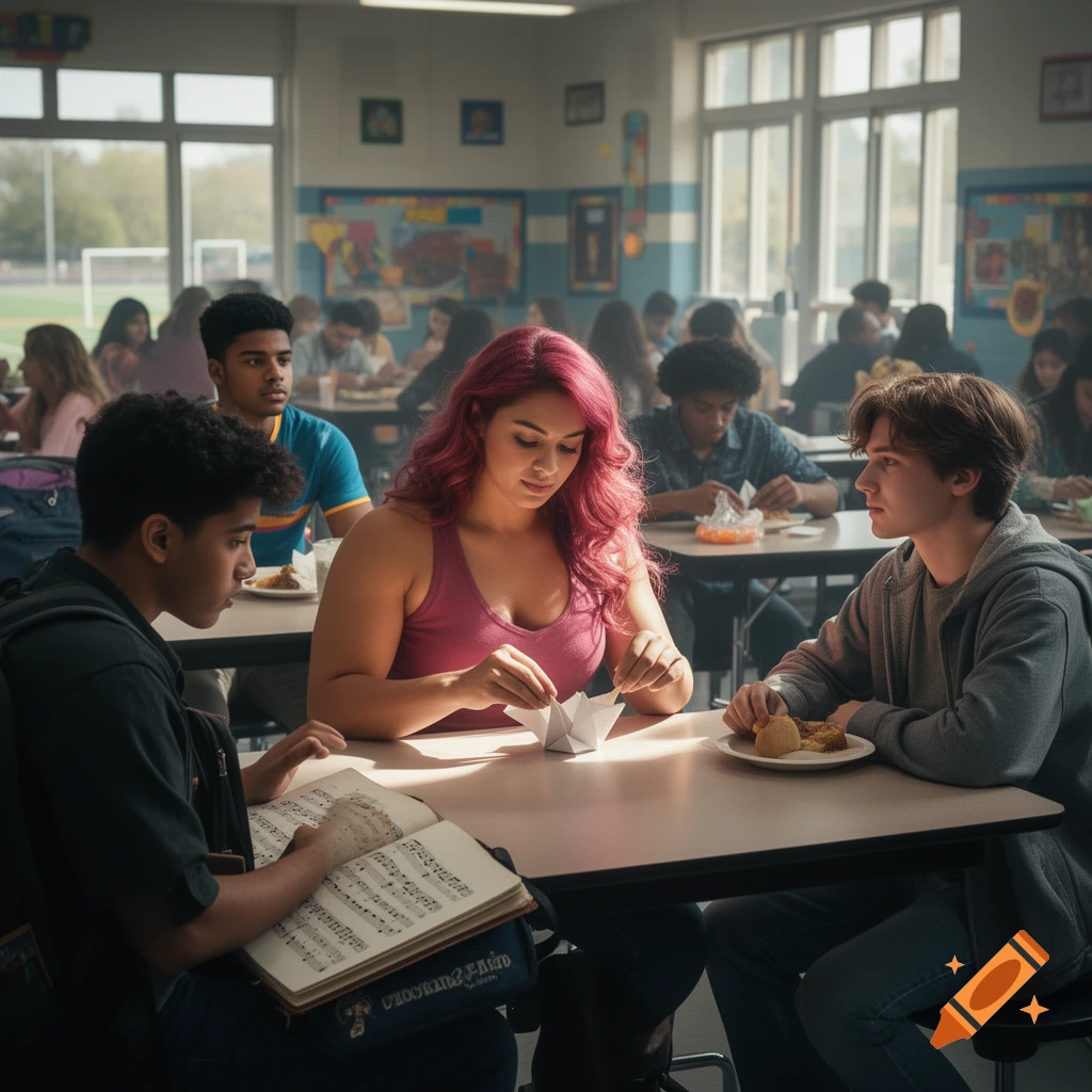 Three teenagers sit at a table in a bright school cafeteria. A girl with pink hair folds origami, while a boy next to her looks on. Another boy studies a music book.