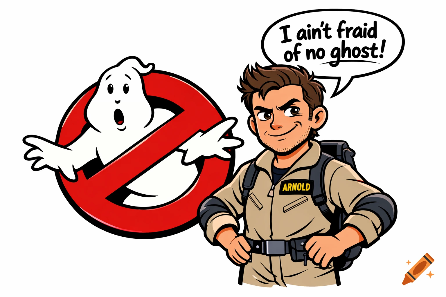 Cartoon character resembling a Ghostbuster next to a 'no ghost' symbol, with a speech bubble saying 'I ain't fraid of no ghost'.