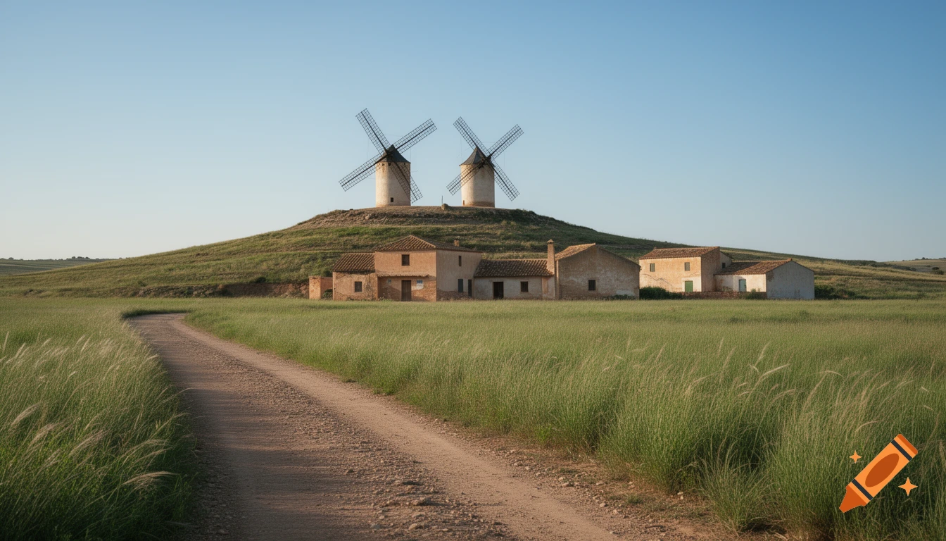 A dirt road winds through green fields towards traditional houses and two windmills on a distant hill under a clear blue sky. Photorealistic.