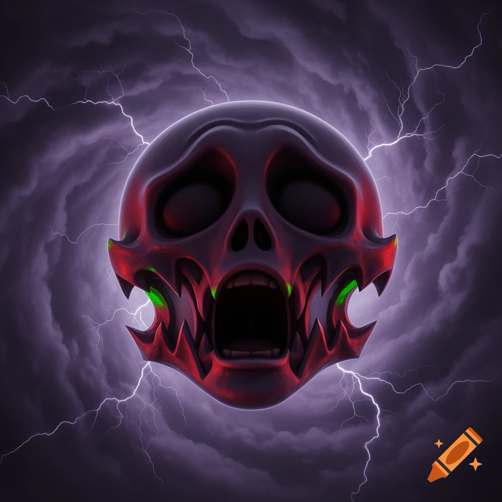 A stylized dark red and black skull with a wide open mouth and glowing green accents, set against a backdrop of swirling purple storm clouds and lightning. Digital art.