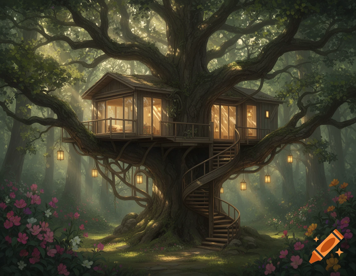 A whimsical treehouse with a spiral staircase and glowing lanterns, nestled in a lush, sun-dappled forest with wildflowers.