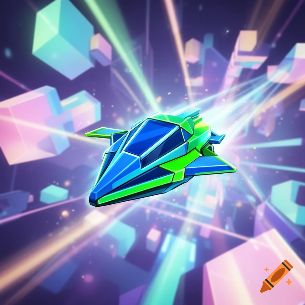 A vibrant blue and green stylized spaceship flies through an abstract, colorful geometric background with glowing light trails.