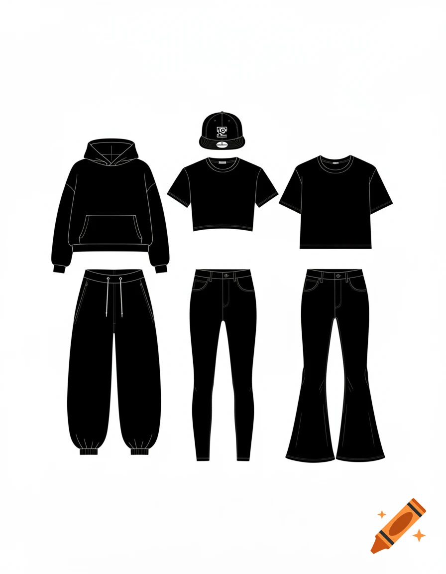 Black silhouettes of streetwear clothing, including a hoodie, two t-shirts, a baseball cap, baggy pants, skinny pants, and flared pants, on a white background.