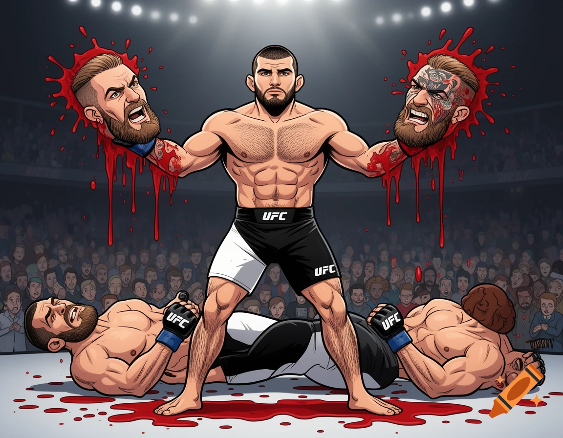 A muscular cartoon fighter, Khabib Nurmagomedov, stands in an arena, holding the bloody severed heads of Conor McGregor and Tony Ferguson, with their bodies on the ground. Stylized violence.