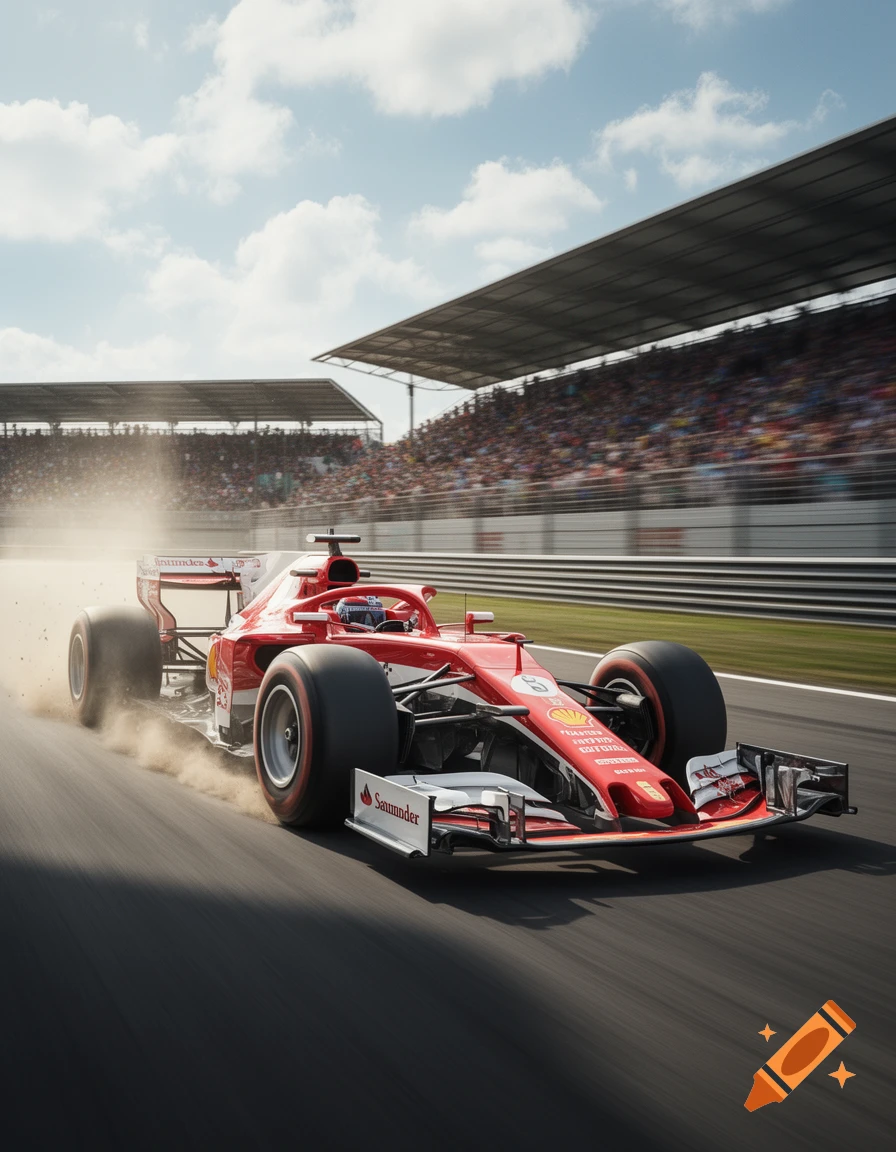 A red Formula 1 race car speeds down a track, kicking up dust, with a crowded grandstand in the background under a blue sky.