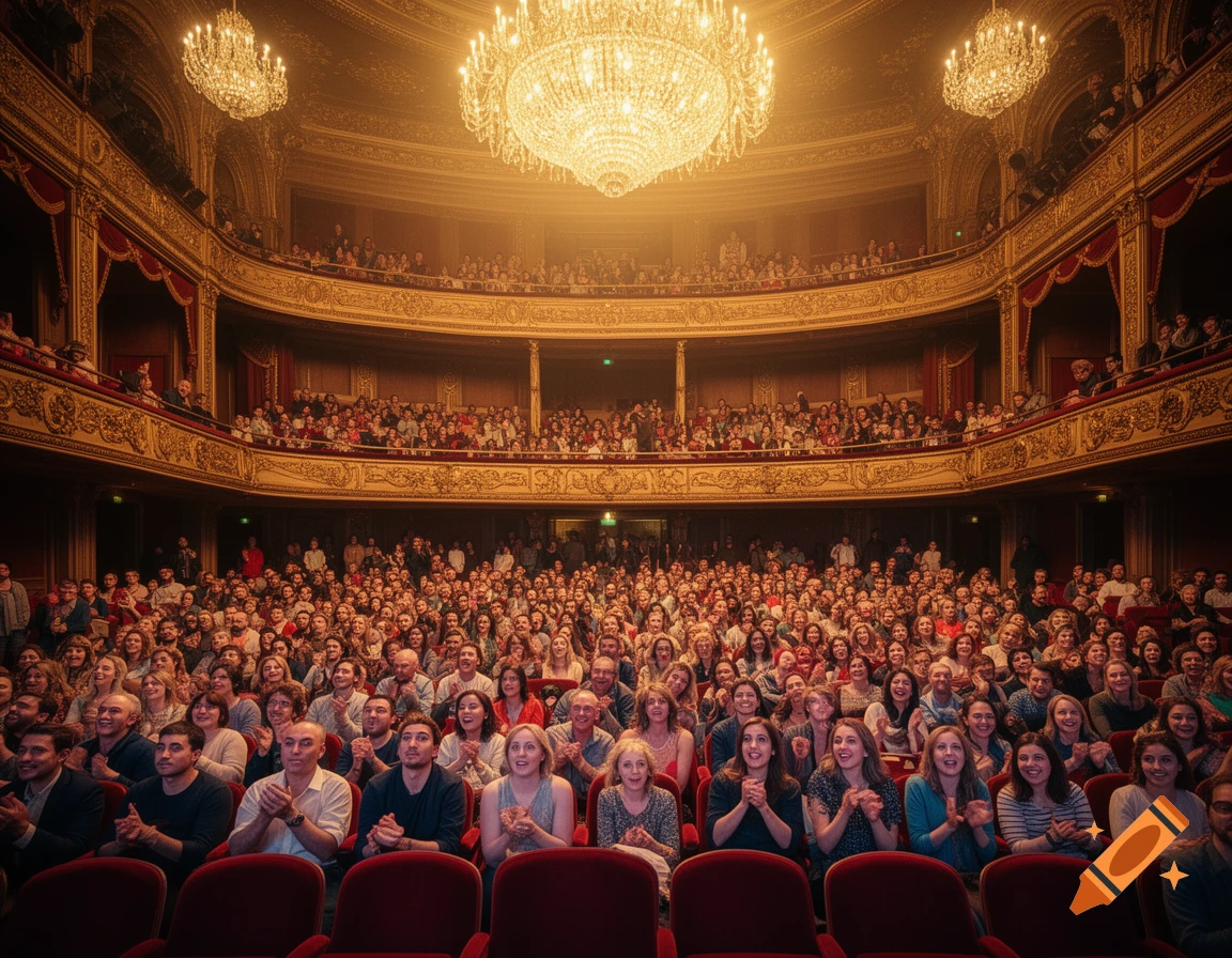 A large audience applauds in a grand, ornate theater with red seats, golden balconies, and two sparkling chandeliers.