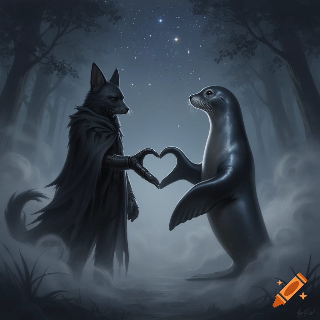 A dark, fox-like creature in a cloak and a seal make a heart shape with their hands/flippers in a misty forest under a starry night sky.