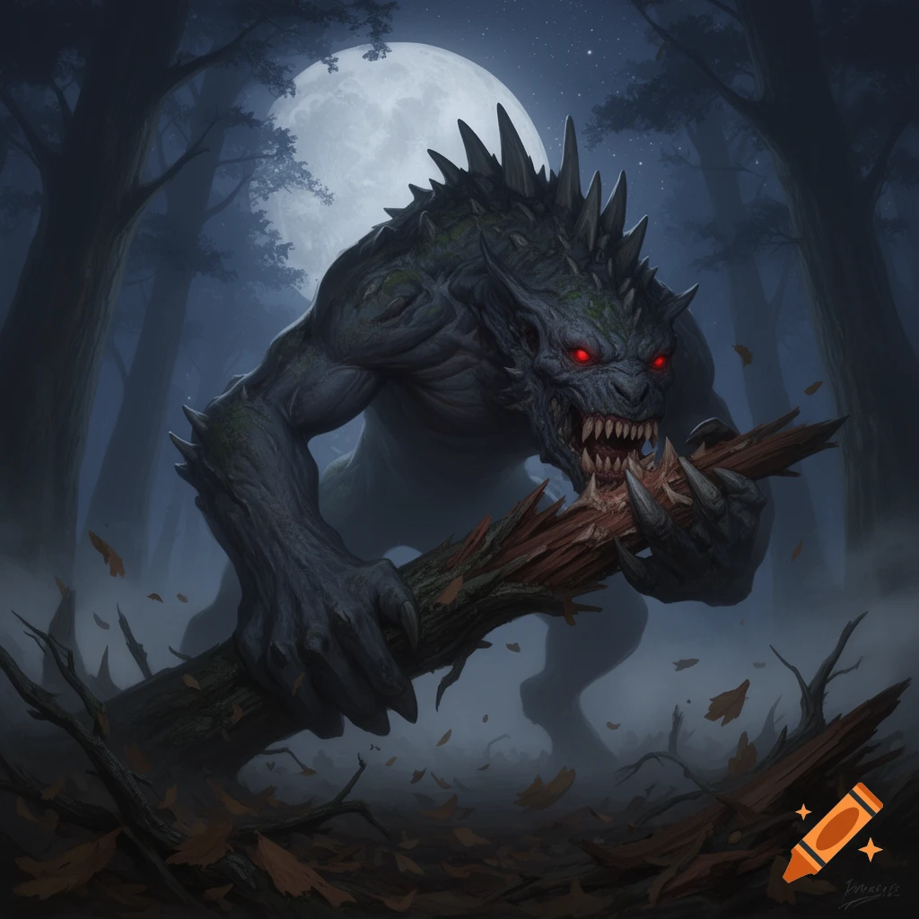 A fearsome monster with red eyes and sharp teeth gnaws on a thick tree ...