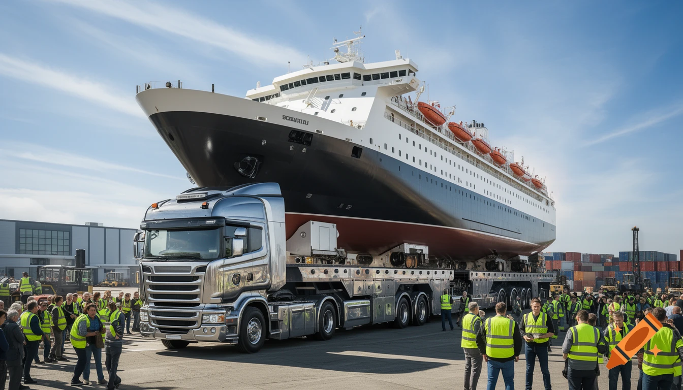 Photorealistic image of a large silver truck transporting a huge black and white ocean liner on a multi-axle trailer, surrounded by workers in a port.