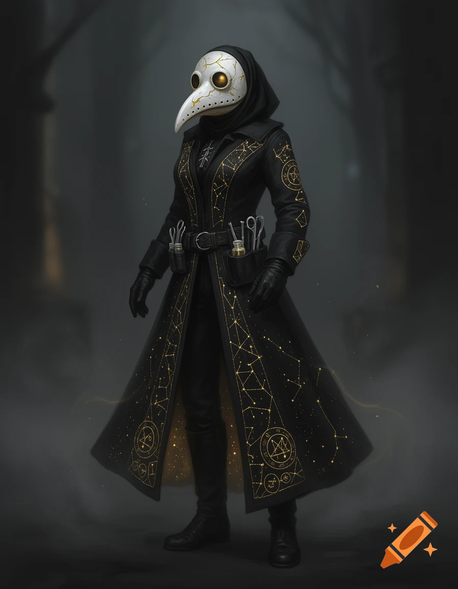 A mysterious plague doctor in a long black coat with glowing golden ...
