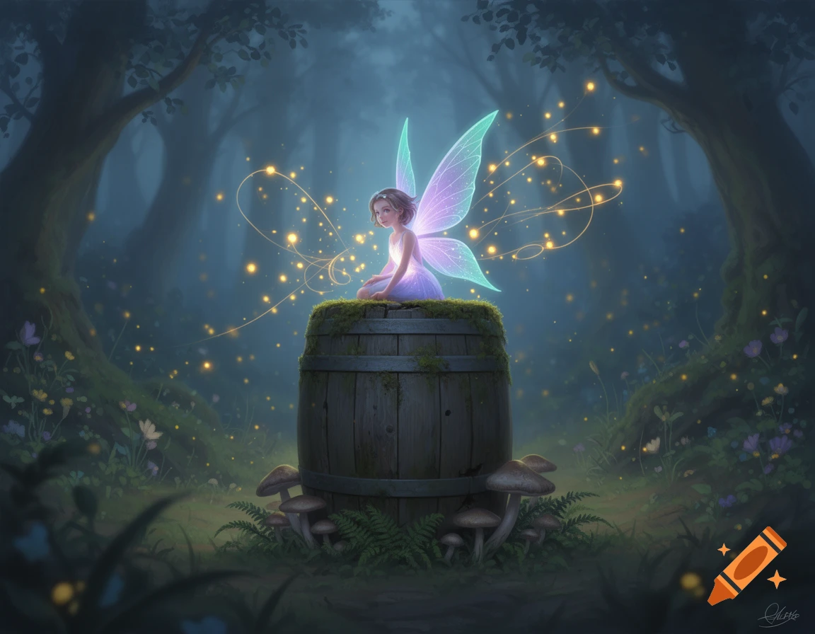 A glowing fairy with purple and teal wings sits on a mossy wooden barrel in a dark, mystical forest with bioluminescent lights.