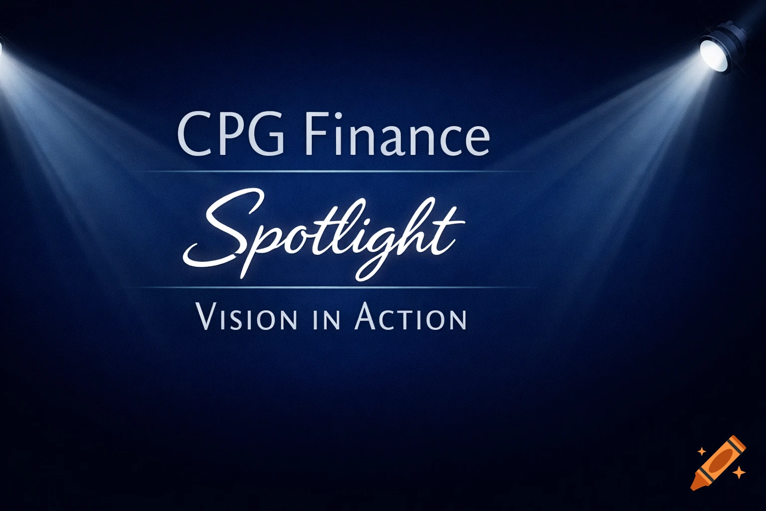 Dark blue banner with 'CPG Finance', 'Spotlight', 'Vision In Action' in white text, illuminated by two spotlights.