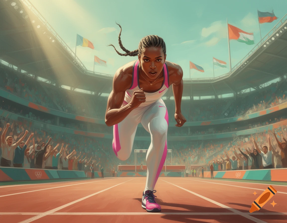 A focused female sprinter in pink and white runs on a stadium track with cheering fans.