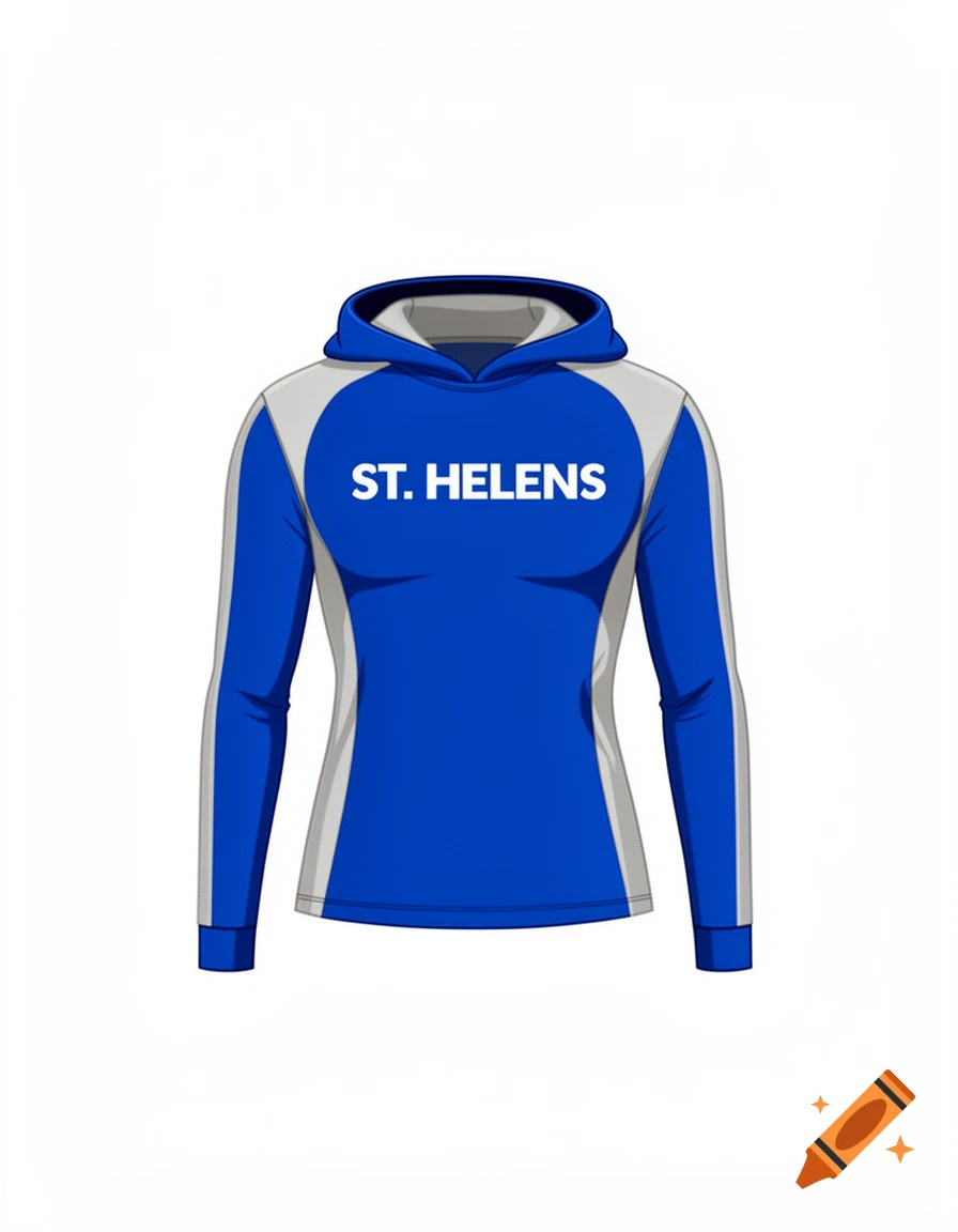 A blue and grey hoodie with "ST. HELENS" printed on the chest, against a white background.