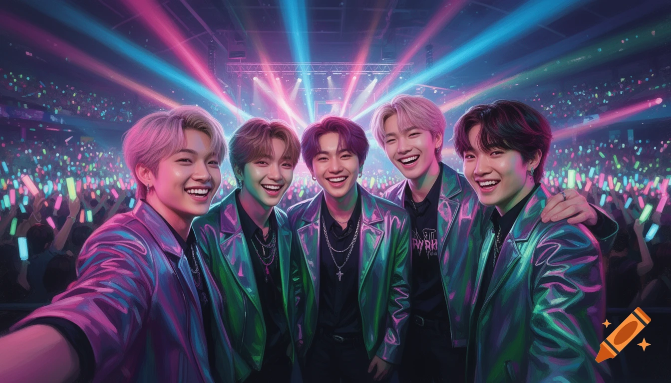 A vibrant digital art group selfie of five smiling young men at a K-Pop concert, bathed in neon pink and blue lights from the stage, with a cheering crowd holding lightsticks in the background.