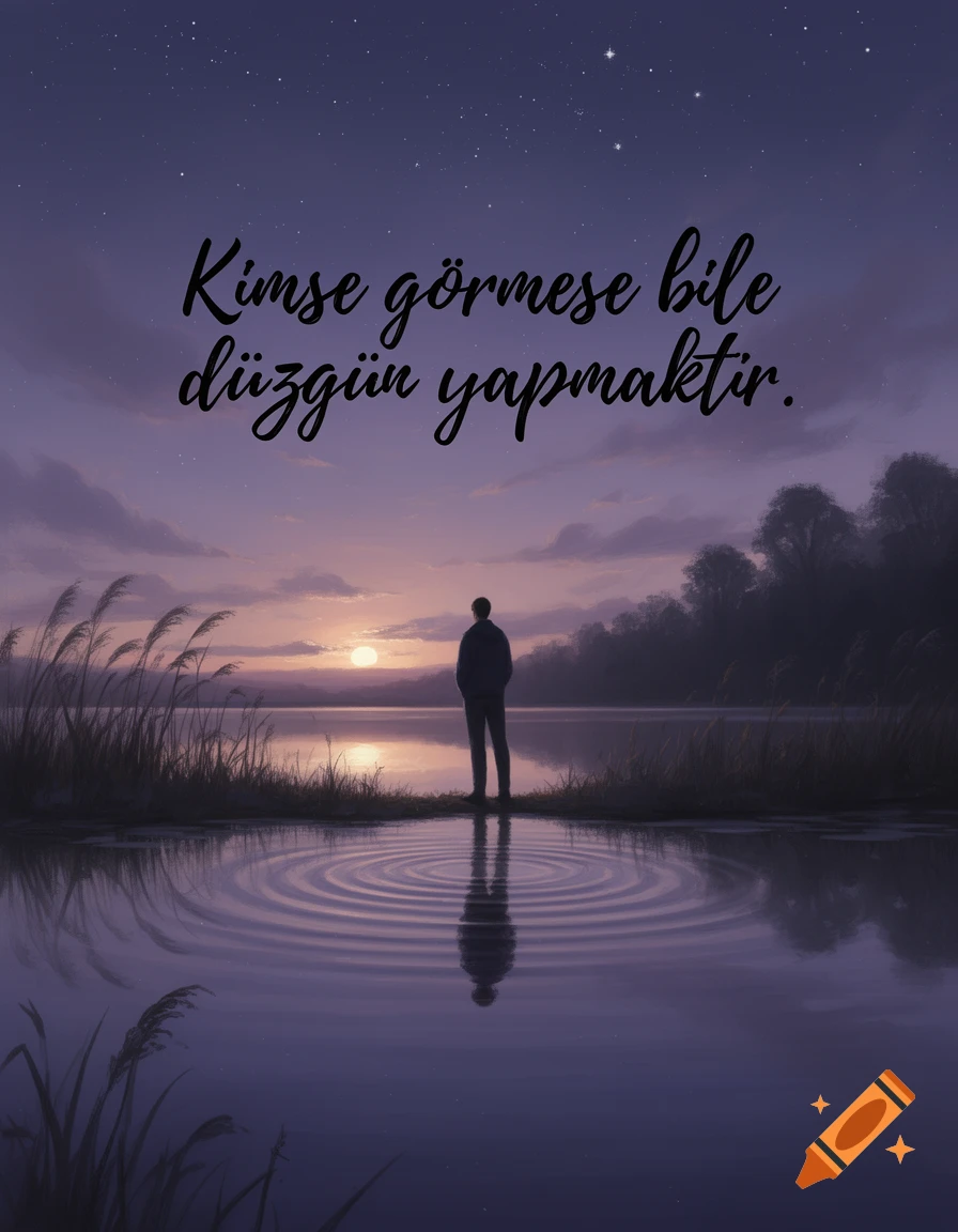 A lone figure stands at the edge of a calm lake under a starry, twilight sky with a quote in digital art style.