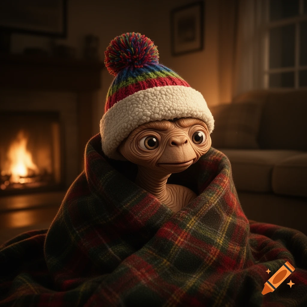 Photorealistic E.T. the extraterrestrial wrapped in a plaid blanket, wearing a colorful pom-pom beanie, by a glowing fireplace.