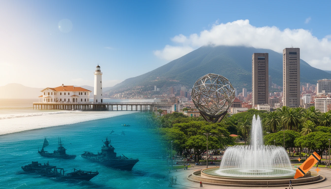 A seamless composite image of a coastal landscape with a lighthouse and ships, and a city scene with skyscrapers, a mountain, and a fountain.