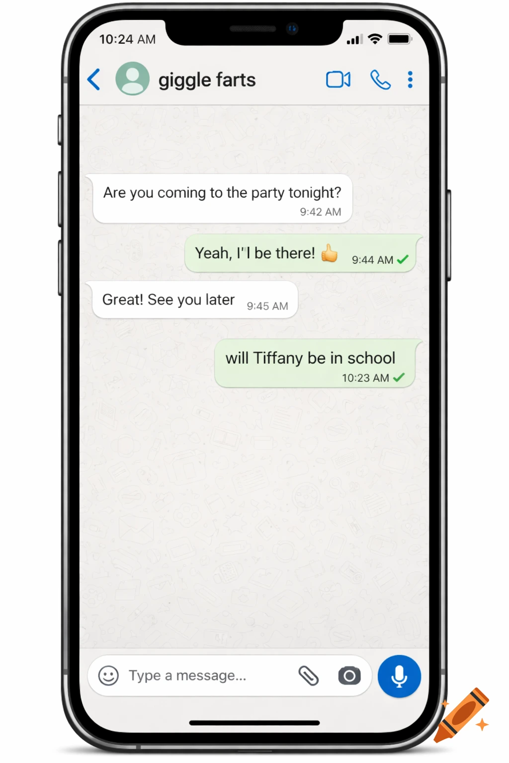 A smartphone displays a chat conversation on a white background, with messages and the contact 'giggle farts'.
