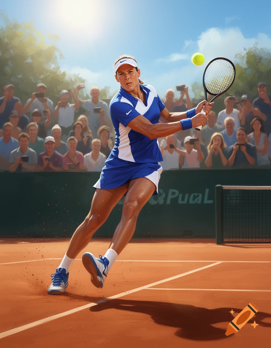 Female tennis player in a blue uniform hits a forehand on a clay court, with a crowd watching, in a dynamic painterly style.
