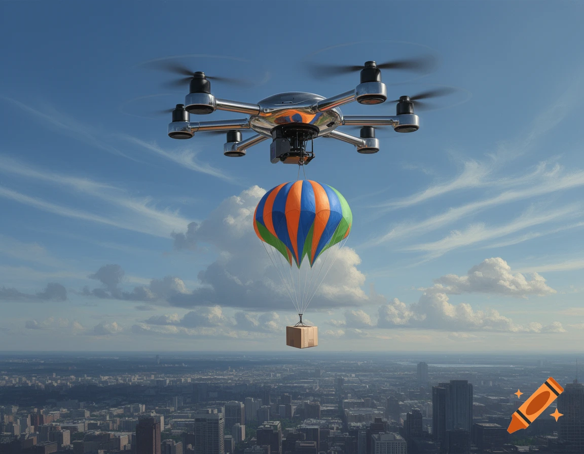 A drone carries a colorful parachute with a package attached, flying high over a sprawling city under a blue sky.