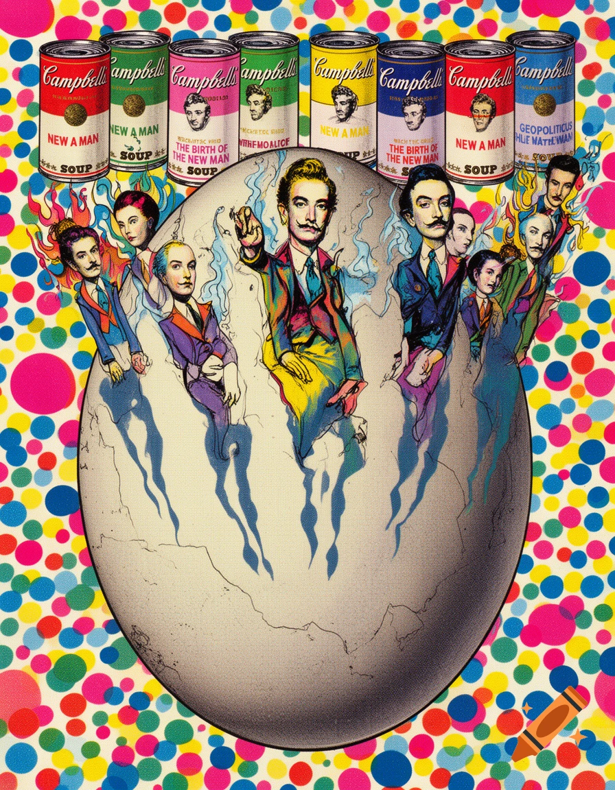 Colorful pop art illustration of Salvador Dalí-like figures emerging from a cracked egg, with Andy Warhol's Campbell's soup cans in the background, all against a polka-dot pattern.